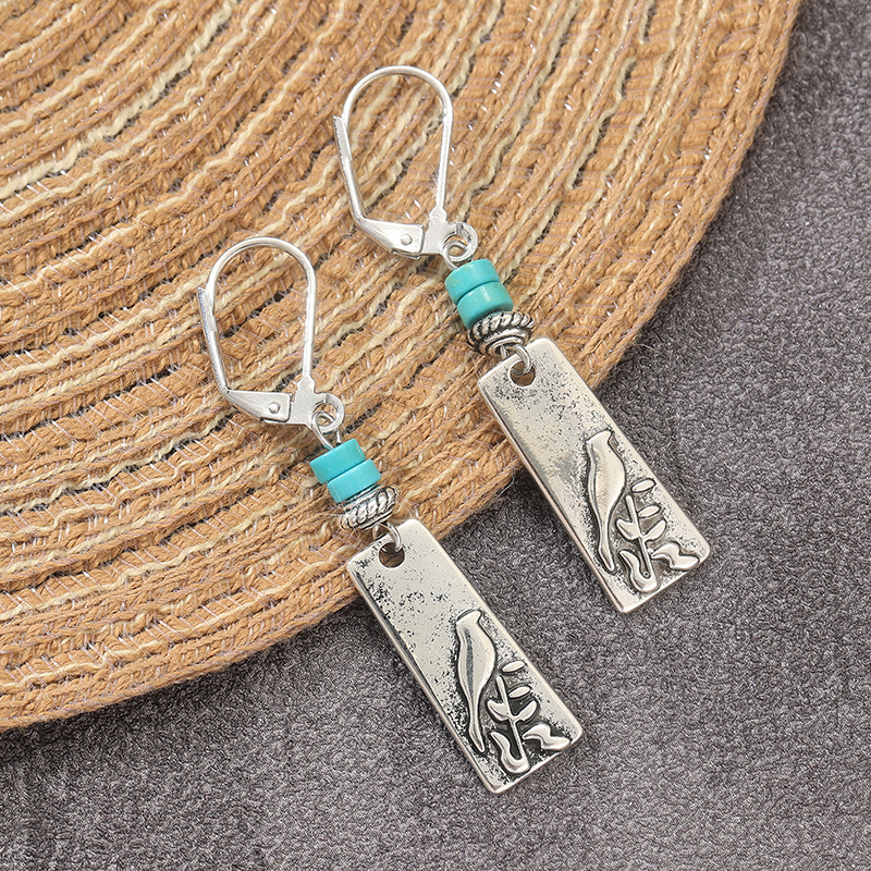 Vertical Tag Dangle Hoop Earrings with Vintage Bird Patterns